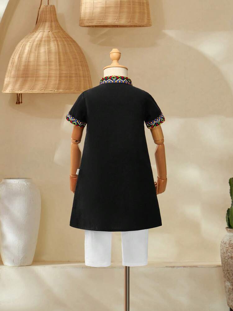 Fashionable Artistic Design Stand Collar Short Sleeve Long Shirt And Solid Color Pants Set For Baby Boys, Palace Style