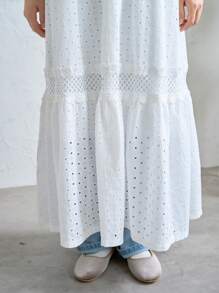 FRIFUL 女士纯色圆领喇叭袖休闲中长连衣裙、荷叶边、秋季连衣裙长袖连衣裙 - 白色 - 查看 7