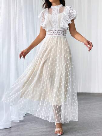 SHEIN Privé Women's White Romantic Elegant Waisted Lace Mesh Long Dress For Summer Wedding Party, Music Festival, Graduation Season, Holiday, Graduation Ceremony, Commuting, Romantic Dating, Teacher's Day, Elegant