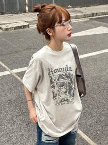 女士夏季新款字母骷髅印花宽松休闲圆领柔软 T 恤 - 淺灰色 - 查看 1