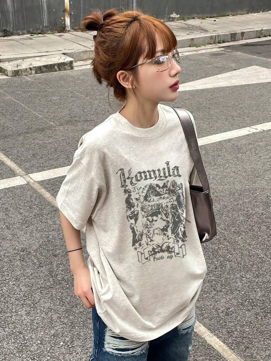 女士夏季新款字母骷髅印花宽松休闲圆领柔软 T 恤 - 淺灰色 - 查看 1