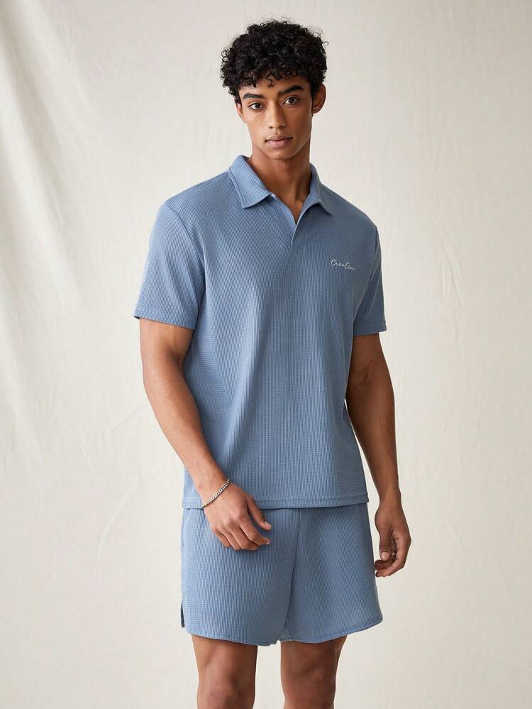 Men's Summer Casual Short Sleeve Polo Shirt With Letter Embroidery And Shorts 2pcs Set