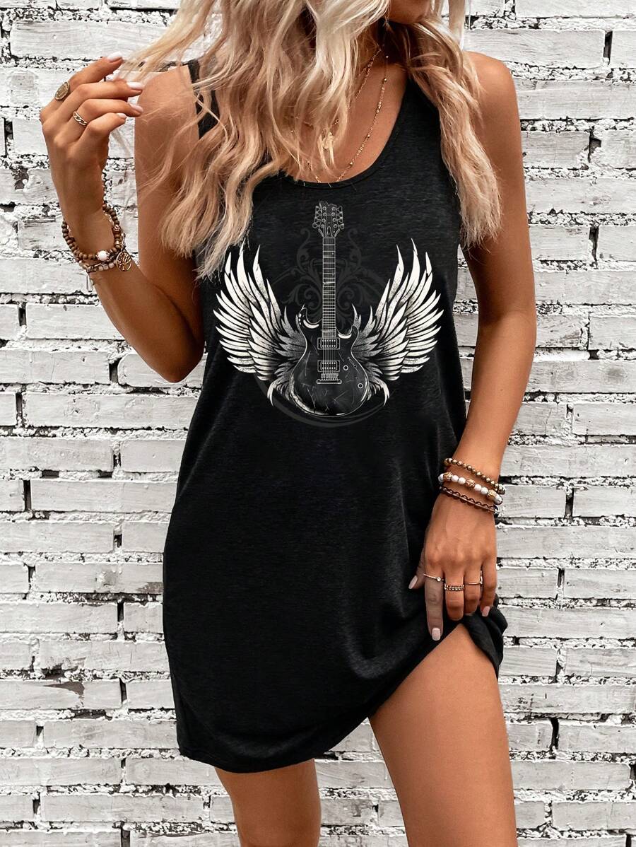 EMERY ROSE Women Casual Minimalist Butterfly & Guitar Print Round Neck Tank Top Mini Dress, Suitable For Summer - Black - View 1