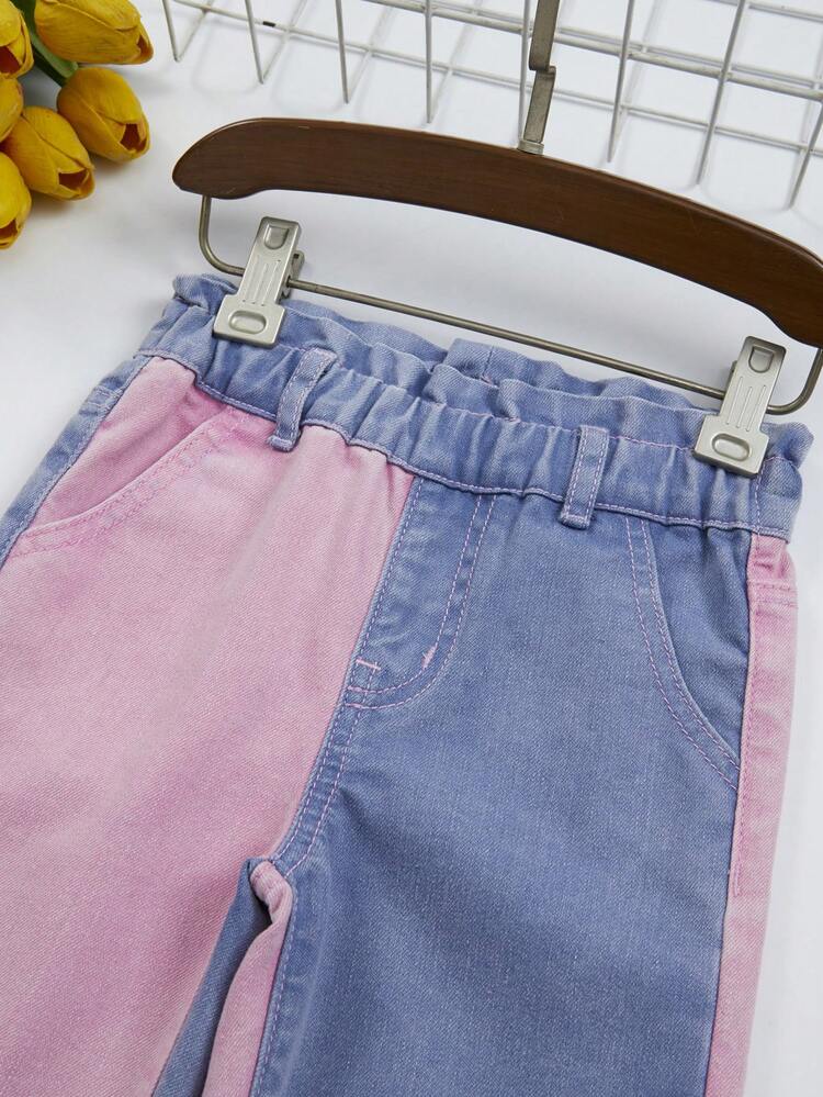 BABY GIRL Casual Cute Bud Waist Color Block Flat Pocket Straight Jeans
