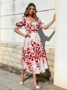 GENKIRA Floral Print Puff Sleeve Dress - Red - View 3