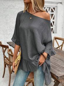 EMERY ROSE Blusa de mujer holgada con volante en el bajo y hombro descubierto