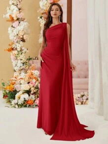 Aureia Solid Color Elegant Asymmetric Neckline Chiffon Bridesmaid Dress With Draped, Wedding Guest Dress Party Dress Formal Dress Evening Dress,Gown - Red - View 5