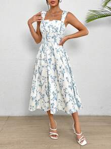 SHEIN PETITE 浪漫花朵印花無袖連身裙，毛邊束腰設計，夏季必備 - 淺藍色 - 查看 5