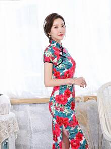 Fikoo Đầm Qipao kiểu Trung Quốc dành cho nữ, Sườn xám dài vừa vặn - Đỏ - Xem 4