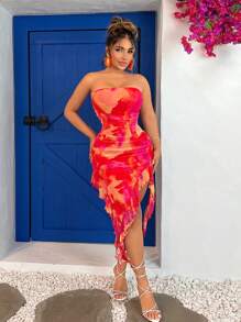 SHEIN SXY 夏季無肩帶綁染裙配浪漫荷葉邊 - 彩色 - 查看 4