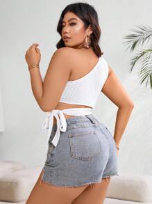 Celure Camisa de talla grande de unicolor con escote asimétrico y sin mangas, con detalle ahuecado para verano