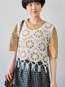 FRIFUL Women's Fashionable Summer Sweet Fringed Knit Top - White - View 1