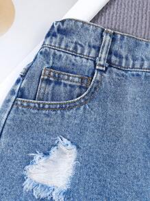 少女夏季寬鬆休閒破洞牛仔短褲 - 中等水洗藍 - 查看 3