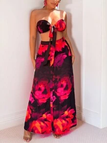 SHEIN SXY 女士夏季假日花卉印花前扣式管頂和長裙套裝，假日性感夏季海灘假期波西米亞女裝造型，驕傲服裝西部穿搭生日禮服單身派對音樂會俱樂部 - 彩色 - 查看 1