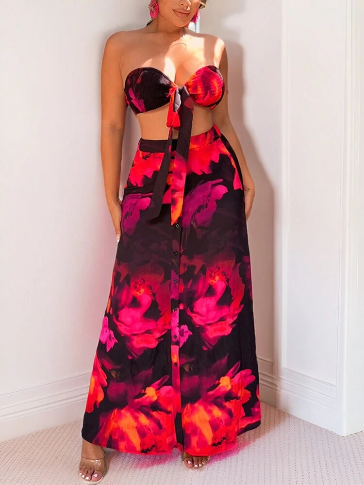 Women's Summer Holiday Floral Printed Front Tied Tube Top And Long Midi Skirt Set Holiday Sexy Summer Beach Vacation Boho Women Outfit Pride Clothes Western Wear Birthday Outfit Bachelorette Party Concert Club