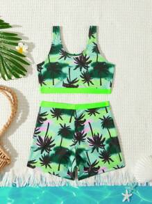 Young Girl Summer Beach Coconut Tree Print Tankini Set - Green - View 2