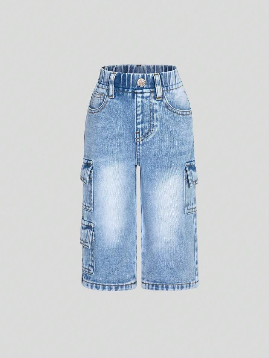 SHEIN Celana Pendek Denim Gaya Pakaian Kerja Kasual Terbaru untuk Bayi Perempuan, Jeans Lurus dengan Warna Pudar - Light Wash - View 1