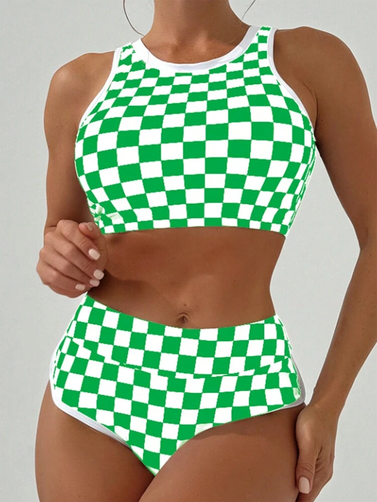Ladies' Summer Beach Gingham Print Casual Bikini Set With Floral Print (Random Pattern)
