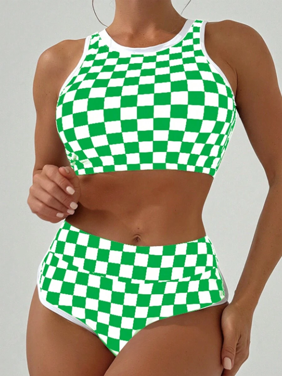 SHEIN Swim Ladies' Summer Beach Gingham Print Casual Bikini Set With Floral Print (Random Pattern) - Multicolor - View 1