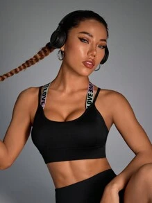SHEIN Dewbera 時尚交叉後背字母提花美背運動內衣，附有可調節扣環胸墊設計 - 黑色 - 查看 5