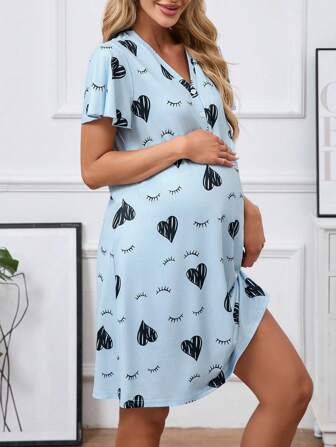 Maternity Short Sleeve Sleep Dress With Eyelash Heart Print, Pajama Dress