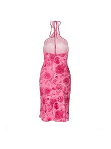 Red Mesh Floral Printed Halter Neck Vacation Style Women's Dress - Pink - View 2