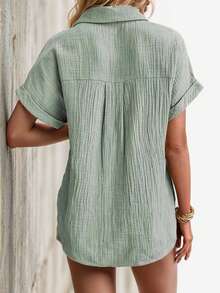 Blusa casual de mujer de manga larga con cuello en V de lino, abotonada, para trabajo con puños enrollables - Verde - Ver 2