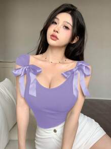 DAZY Backless Bow Tie Lace-Up Slim Short Sleeve Women's T-Shirt Summer - Lilac Purple - View 4