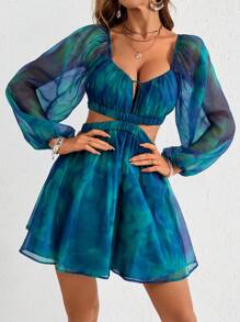 SHEIN VCAY Feiertagskleid mit Batikdruck, Laternenärmeln, Taillenauschnitt und ausgeschnittenem Herzausschnitt für Frauen - Minzgrün - Übersicht 4