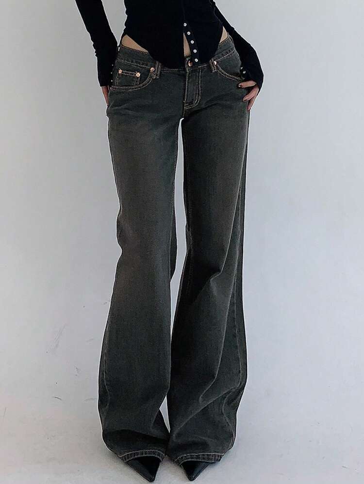 Women's Fashionable Flared Denim Pants With Pockets,Ladies Casual Button,Pocket,Zipper Drop Waist Straight Leg Long Dark Wash Cotton Curvy Loose Women Jeans,Spring/Fall,Casual Daily Wear Low Rise Jeans