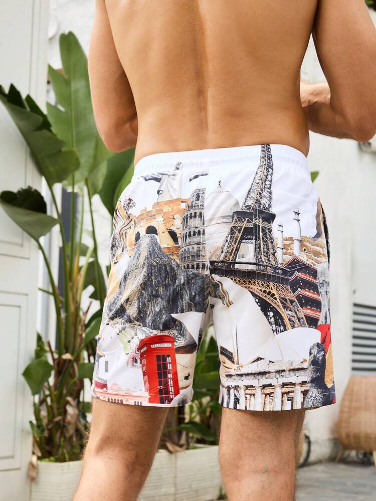 Men's Vacation Landmark Printed Drawstring Waist Beach Shorts