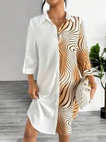 SHEIN Essnce Robe-chemise pour femmes d'été décontractée à boutons imprimée en blocs de couleurs avec manches retroussées