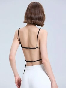 Camiseta sin espalda de unicolor de moda casual para mujer - Negro - Ver 2