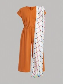 Tween Girl Simple Shoulder Strap Casual Summer Jumpsuit - Brown - View 5