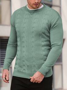 EURMUSE Men's Classic Cable Knit Texture Fitted Sweater With Solid Color & Round Neck - Green - View 2