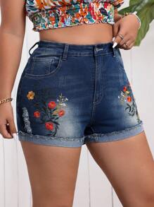 Breezaya Quần short denim thêu đơn giản hàng ngày dành cho nữ có kích thước lớn - Màu xanh lam - Xem 6