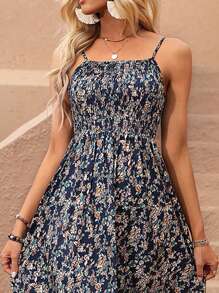 SHEIN LUNE Đầm Maxi In Hoa Ditsy Trang Phục Nữ - Màu xanh hải quân - Xem 3