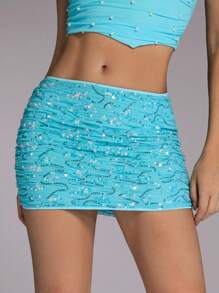 Forever 21 Women's Sparkly Solid Color Bodycon Skirt For Summer - Blue - View 7