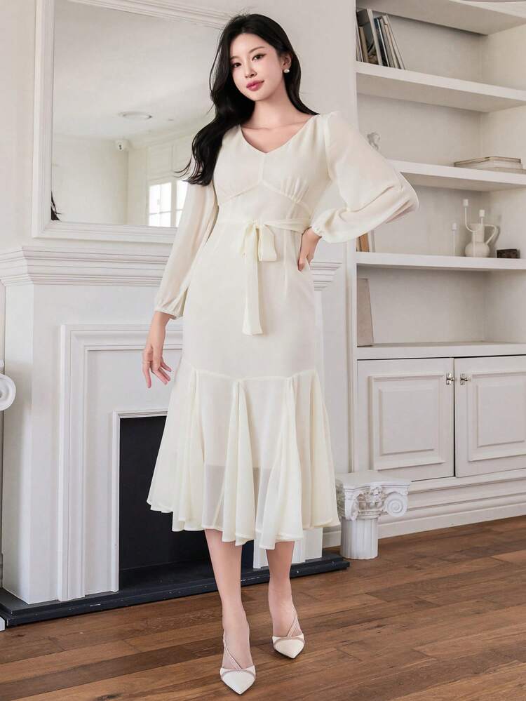 Women's Solid Color V-Neck Dress,Ruffle,Fall Dress Long Sleeve Dress Maxi Dress