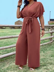 SHEIN LUNE Plus Size V-Neck Cinching Waist Batwing Sleeve Casual Jumpsuit
