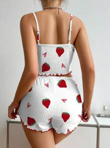 SHEIN Strawberry Printed Camisole And Shorts Pajama Set White Set - White - View 2