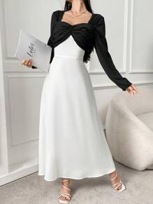 Modelyn Abito estivo da donna elegante a tubino con davanti con torsione e colori a contrasto, maniche lunghe