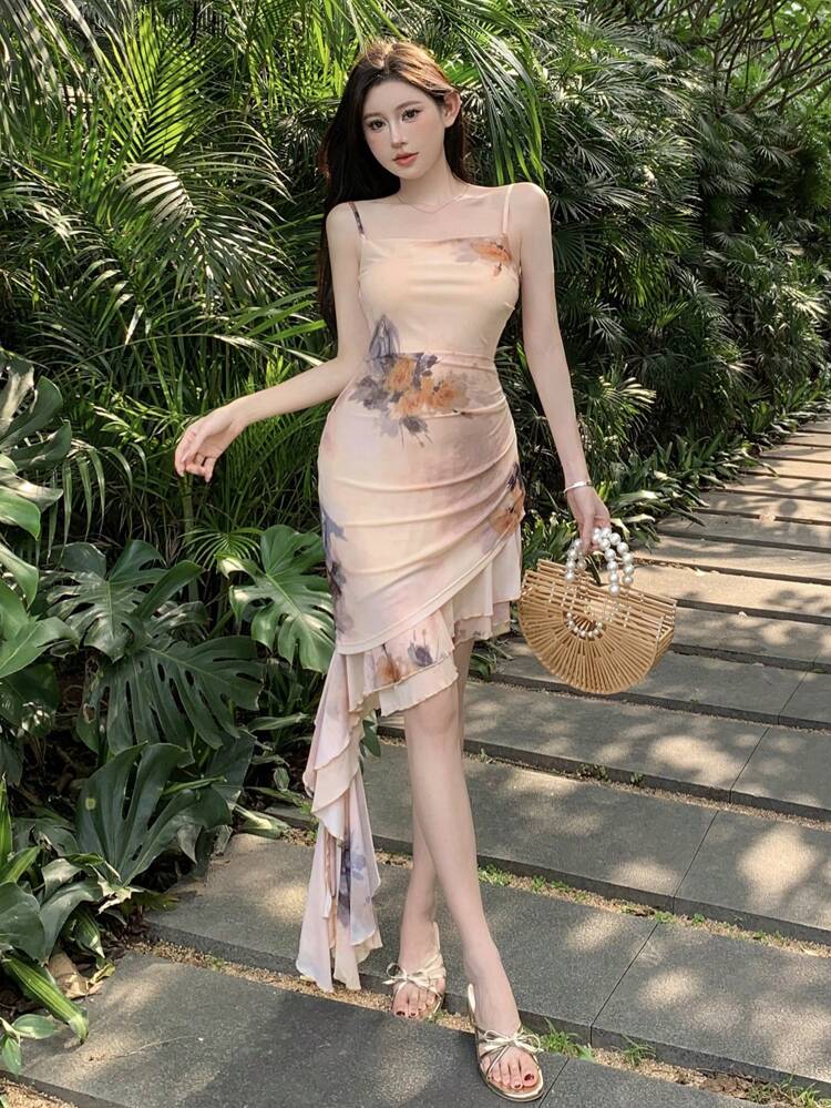 Women's Slim Fit Summer Dress With Floral Print, Asymmetrical Hem, Draped Ruffle And Backless Design, Birthday Prom Dress Sundress