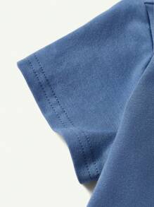 Cozy Pixies Baby Boy 3pcs/Set Plant & Floral Pattern Collared Short Sleeve Shirt, Letter Print Casual T-Shirt And Shorts Set - Dusty Blue - View 9