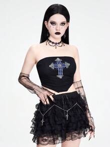 ROMWE Goth 成熟、豪華、宮廷風格、無肩帶性感交叉點綴女士上衣，適合度假 - 黑色 - 查看 6