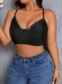 Allurite Plus Size Women's Summer Solid Color Splice Lace Cropped Slim Fit Camisole - Black - View 3
