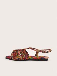 Multi-Color Faux Suede Hand-Woven Twist Flat Sandals For Women With Random Weave And Knotting Patterns. Random Multicolor Materials With Floral And Plant Color Patterns.