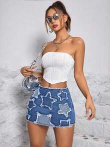 SHEIN PETITE 夏季性感鬆緊短裙-星型圖案，磨損邊緣設計 - 藍色 - 查看 4