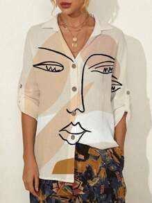 INAWLY Women's Simple Face Printed Daily Shirt - Multicolor - View 1