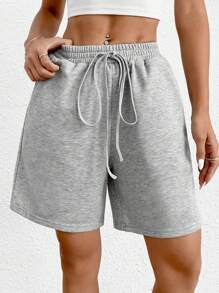 SHEIN PETITE 實心結腰斜口袋短褲 - 灰色 - 查看 4